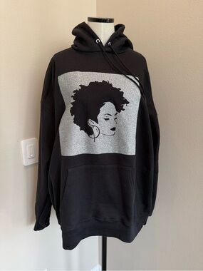 Black Glitter Graphic Hoodie - Women's Oversized Pullover